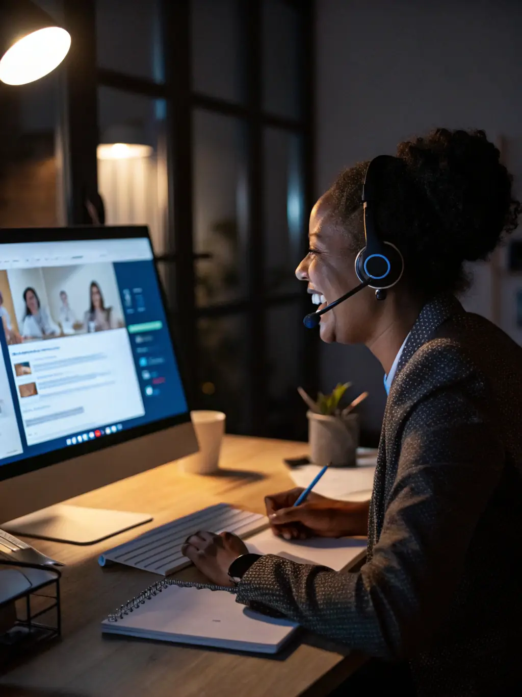 A customer service representative efficiently resolving a client issue using AdaptiScale's AI-powered tools, emphasizing enhanced client satisfaction.